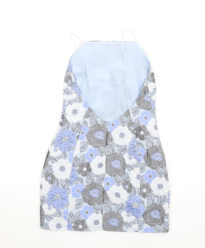 Back view of Missguided women’s blue floral polyester mini, size UK 10, square neck zip