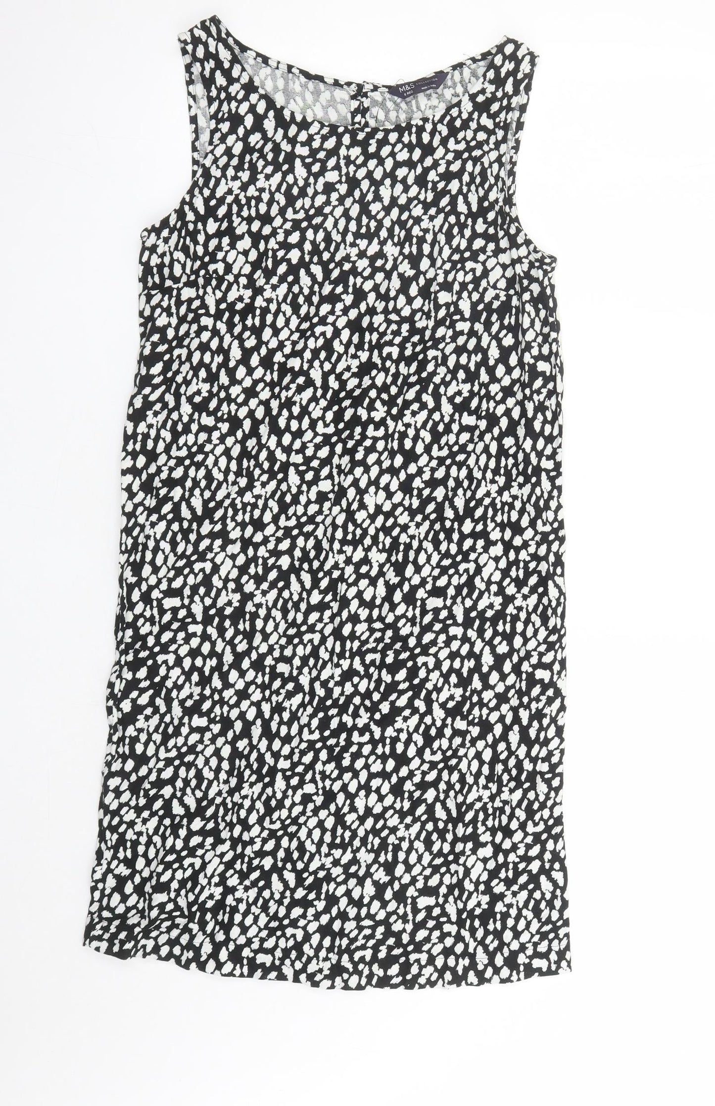 Marks and Spencer Womens Black Geometric Linen A-Line Size 8 Round Neck Button