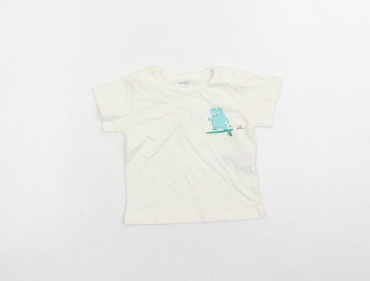 Marks and Spencer Boys White Cotton Basic T-Shirt Size 0-3 Months Round Neck Snap - Hippo Graphic