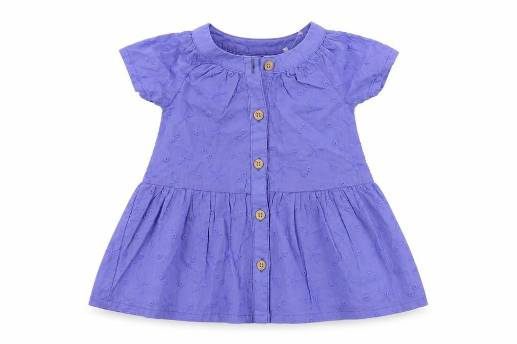 Marks & Spencer Baby Blue Cotton A-Line Size 0-3 Months Round Neck Button - Embroidered