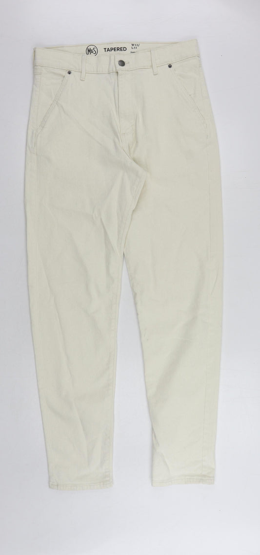 Marks and Spencer Womens Ivory Cotton Trousers Size 32 in L33 in Regular Button