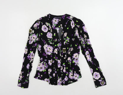 Marks & Spencer Womens Black Floral Viscose Basic Button-Up Size 8 V-Neck
