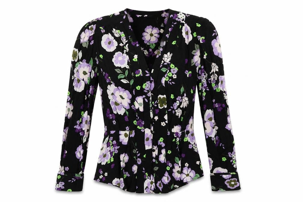 Marks & Spencer Womens Black Floral Viscose Basic Button-Up Size 8 V-Neck