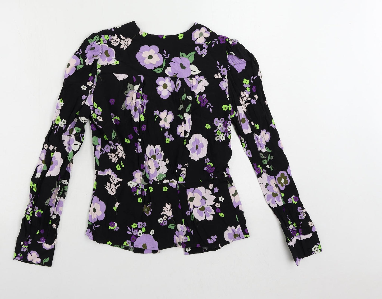 Marks and Spencer Womens Black Floral Viscose Basic Button-Up Size 8 V-Neck