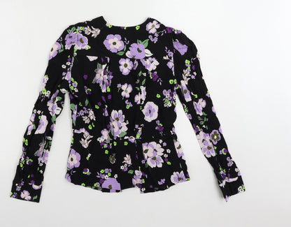 Marks & Spencer Womens Black Floral Viscose Basic Button-Up Size 8 V-Neck