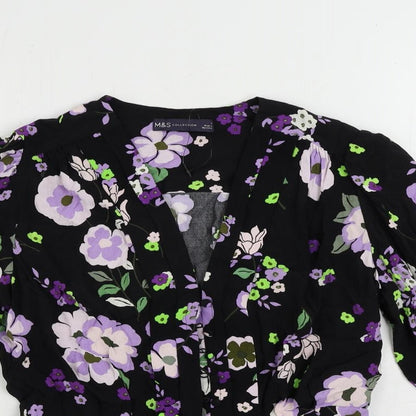 Marks & Spencer Womens Black Floral Viscose Basic Button-Up Size 8 V-Neck