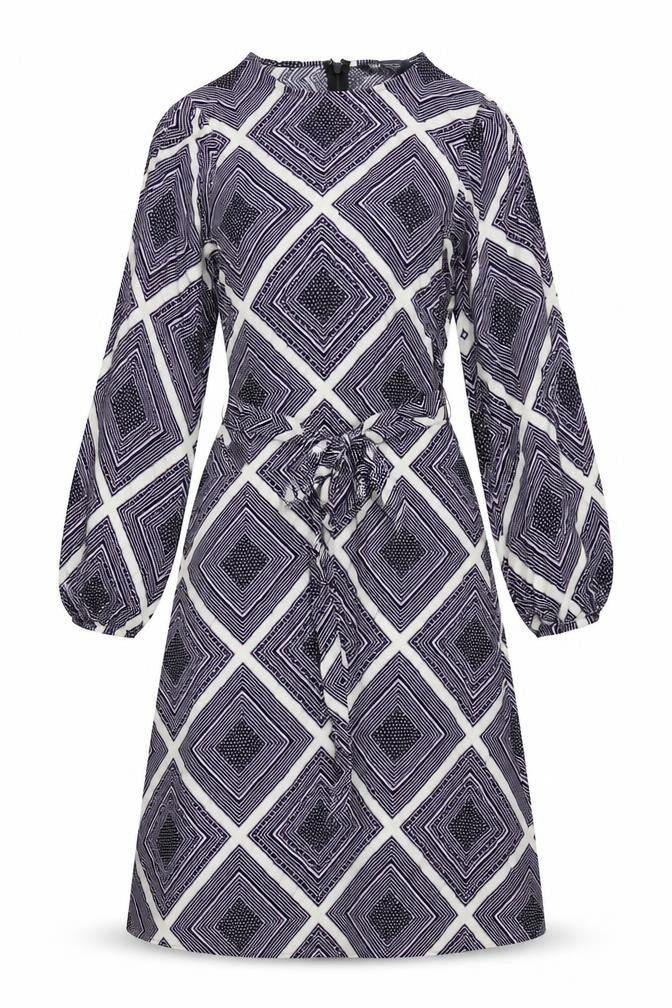 Marks & Spencer Womens Purple Geometric Viscose A-Line Size 8 Round Neck Zip - Belted