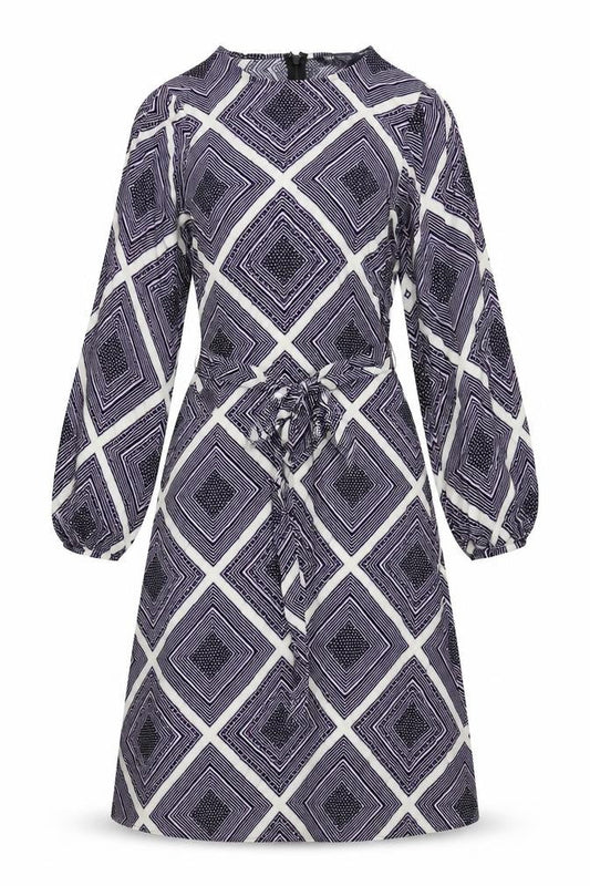 Marks & Spencer Womens Purple Geometric Viscose A-Line Size 8 Round Neck Zip - Belted