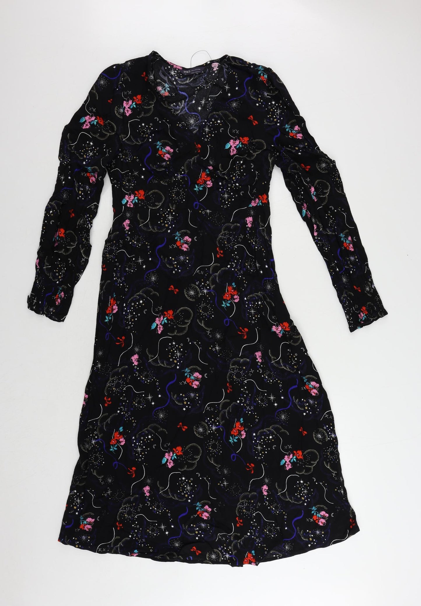 Marks and Spencer Womens Black Geometric Viscose A-Line Size 10 V-Neck Zip