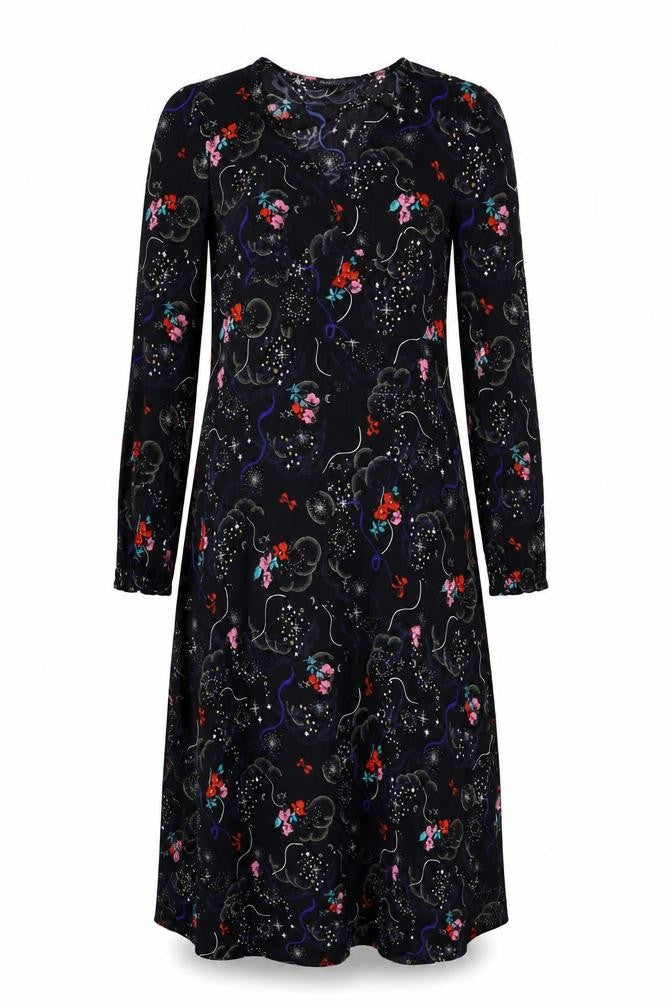 Marks & Spencer Womens Black Geometric Viscose A-Line Size 10 V-Neck Zip