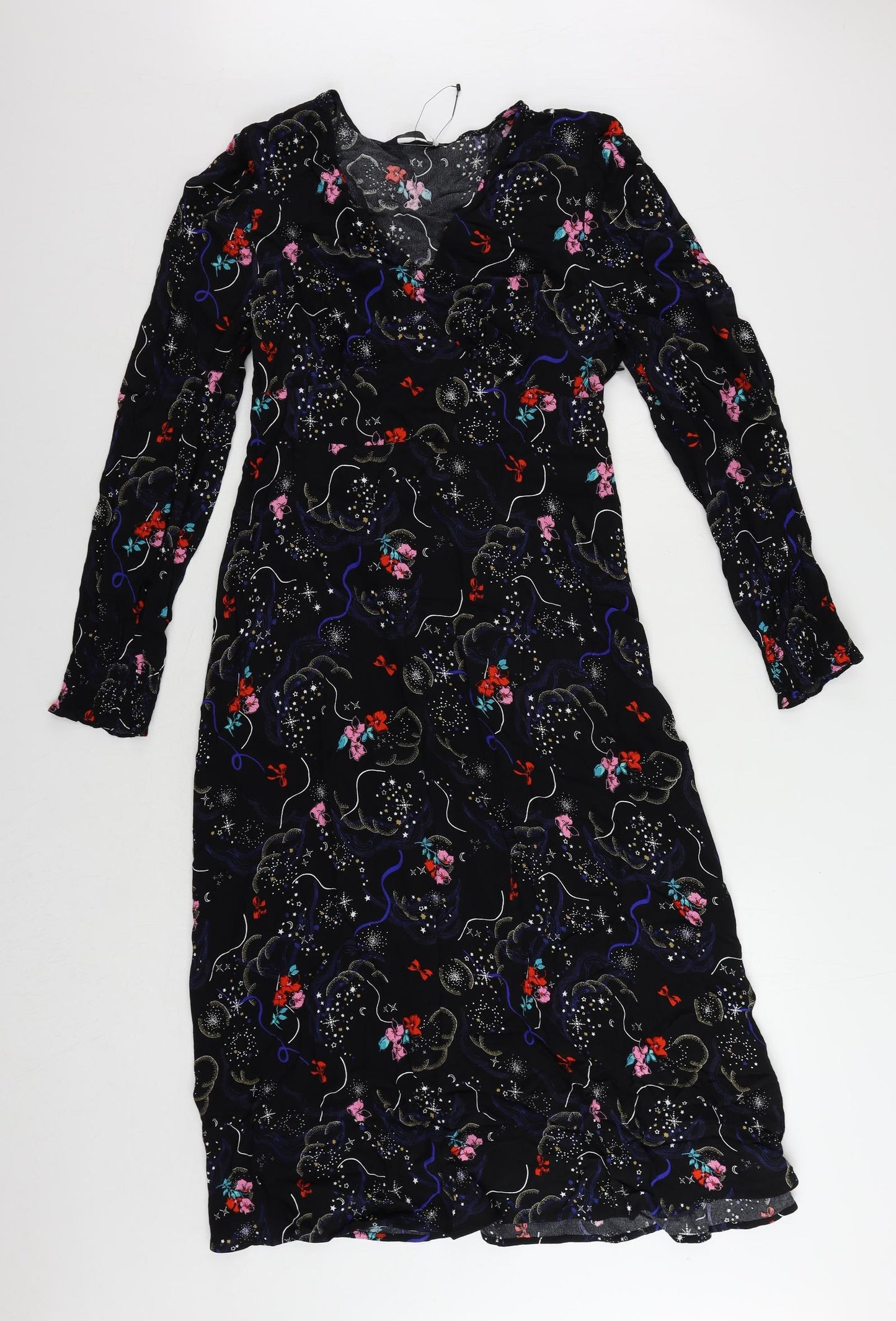 Marks and Spencer Womens Black Geometric Viscose A-Line Size 10 V-Neck Zip