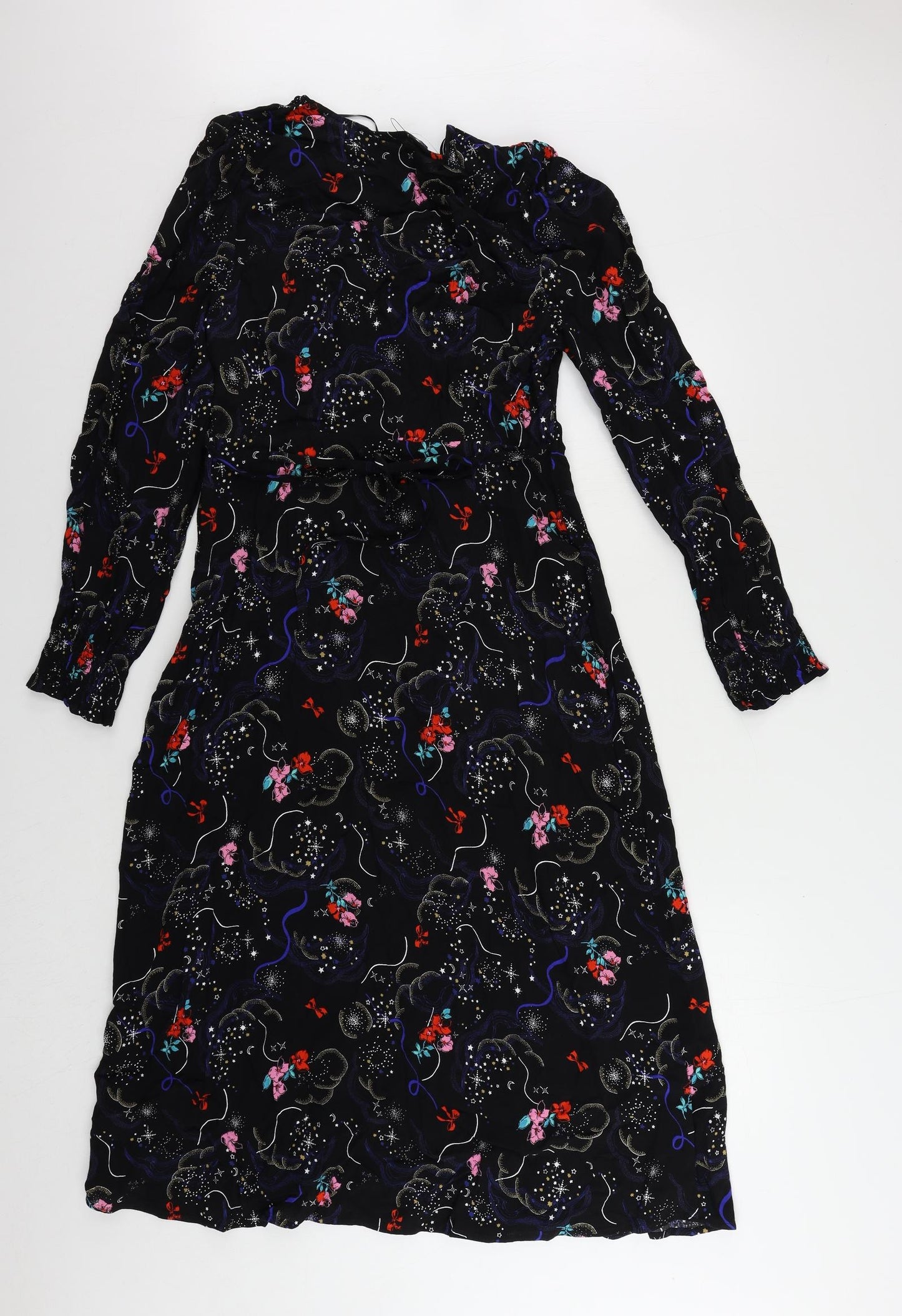 Marks and Spencer Womens Black Geometric Viscose A-Line Size 10 V-Neck Zip