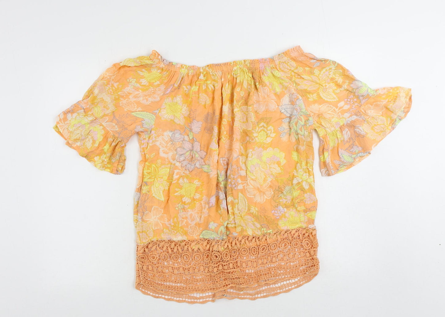 NEXT Womens Orange Floral Viscose Basic Blouse Size 12 Off the Shoulder - Crochet Detail
