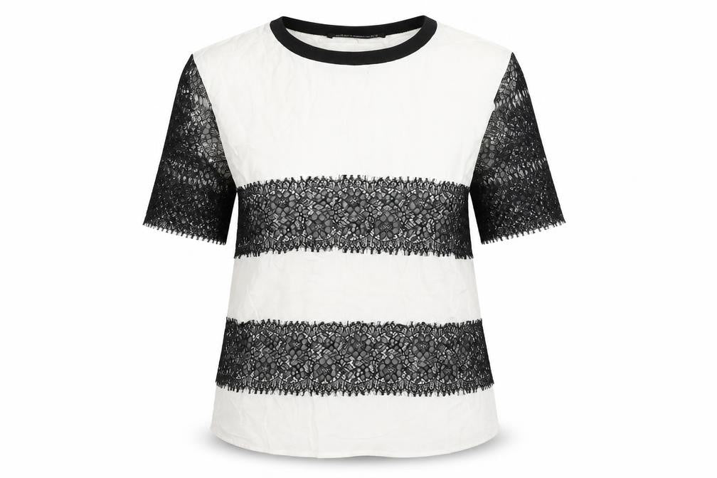 Zara Womens White Viscose Basic Blouse Size M Crew Neck - Lace Detail