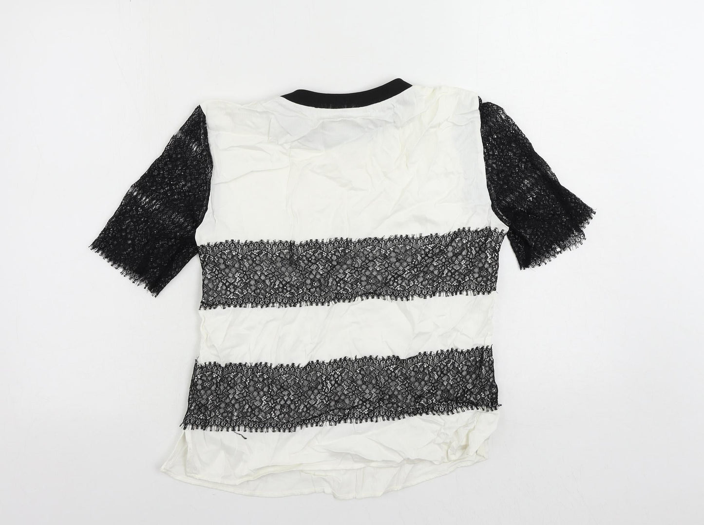 Zara Womens White Viscose Basic Blouse Size M Crew Neck - Lace Detail