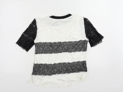 Zara Womens White Viscose Basic Blouse Size M Crew Neck - Lace Detail