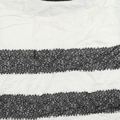 Zara Womens White Viscose Basic Blouse Size M Crew Neck - Lace Detail