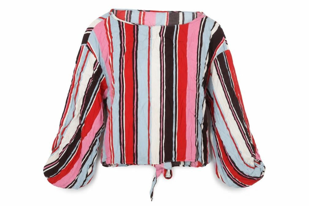 Zara Womens Multicoloured Striped Polyester Basic Blouse Size M Round Neck - Sleeve Slit Detail Belted