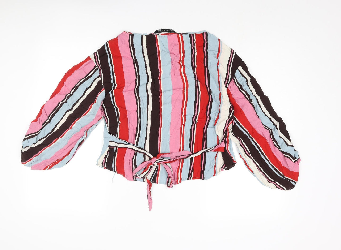 Zara Womens Multicoloured Striped Polyester Basic Blouse Size M Round Neck - Sleeve Slit Detail Belted