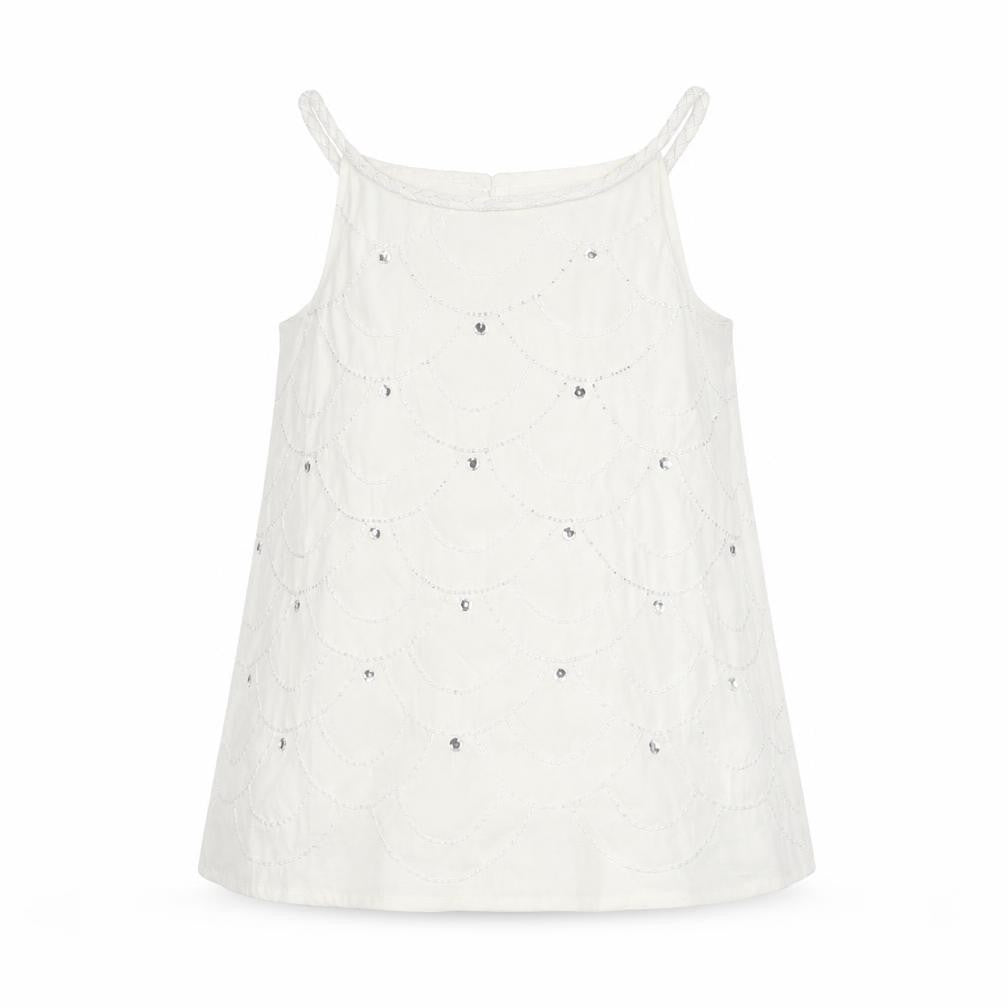 Front view of Autograph girls’ white geometric polyester camisole blouse, size 7-8, years round neck button - beading