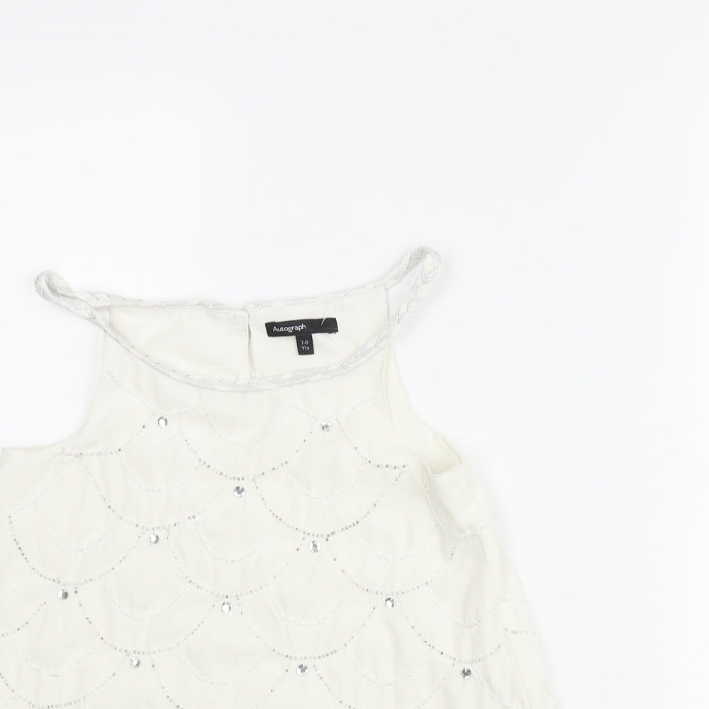 Close-up detail of Autograph girls’ white geometric polyester camisole blouse, size 7-8, years round neck button - beading