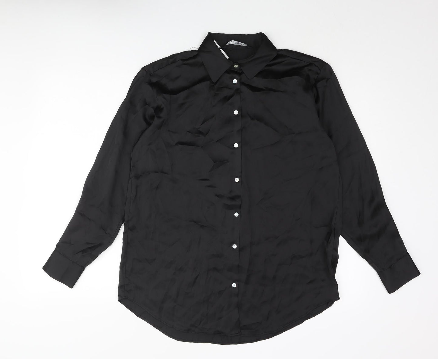 Zara Womens Black Polyester Basic Button-Up Size S Collared