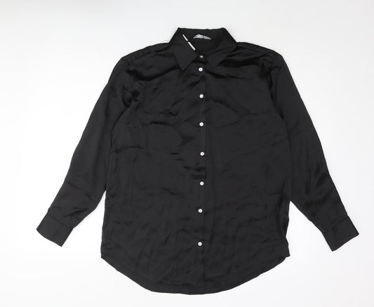 Zara Womens Black Polyester Basic Button-Up Size S Collared