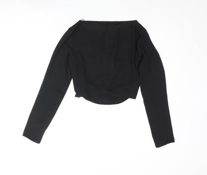 Back view of Miss Selfridge women’s black polyester cropped blouse, size UK 6, round neck