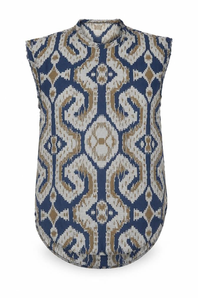 By Malene Birger Womens Blue Geometric Viscose Camisole Blouse Size 8 Round Neck - Raw Edge