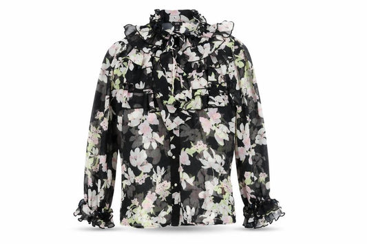 River Island Womens Black Floral Polyester Basic Blouse Size 8 Mock Neck - Frill Bow