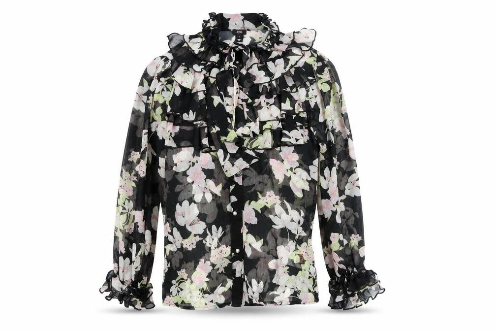 River Island Womens Black Floral Polyester Basic Blouse Size 8 Mock Neck - Frill Bow