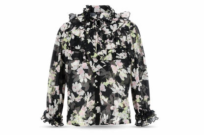 River Island Womens Black Floral Polyester Basic Blouse Size 8 Mock Neck - Frill Bow