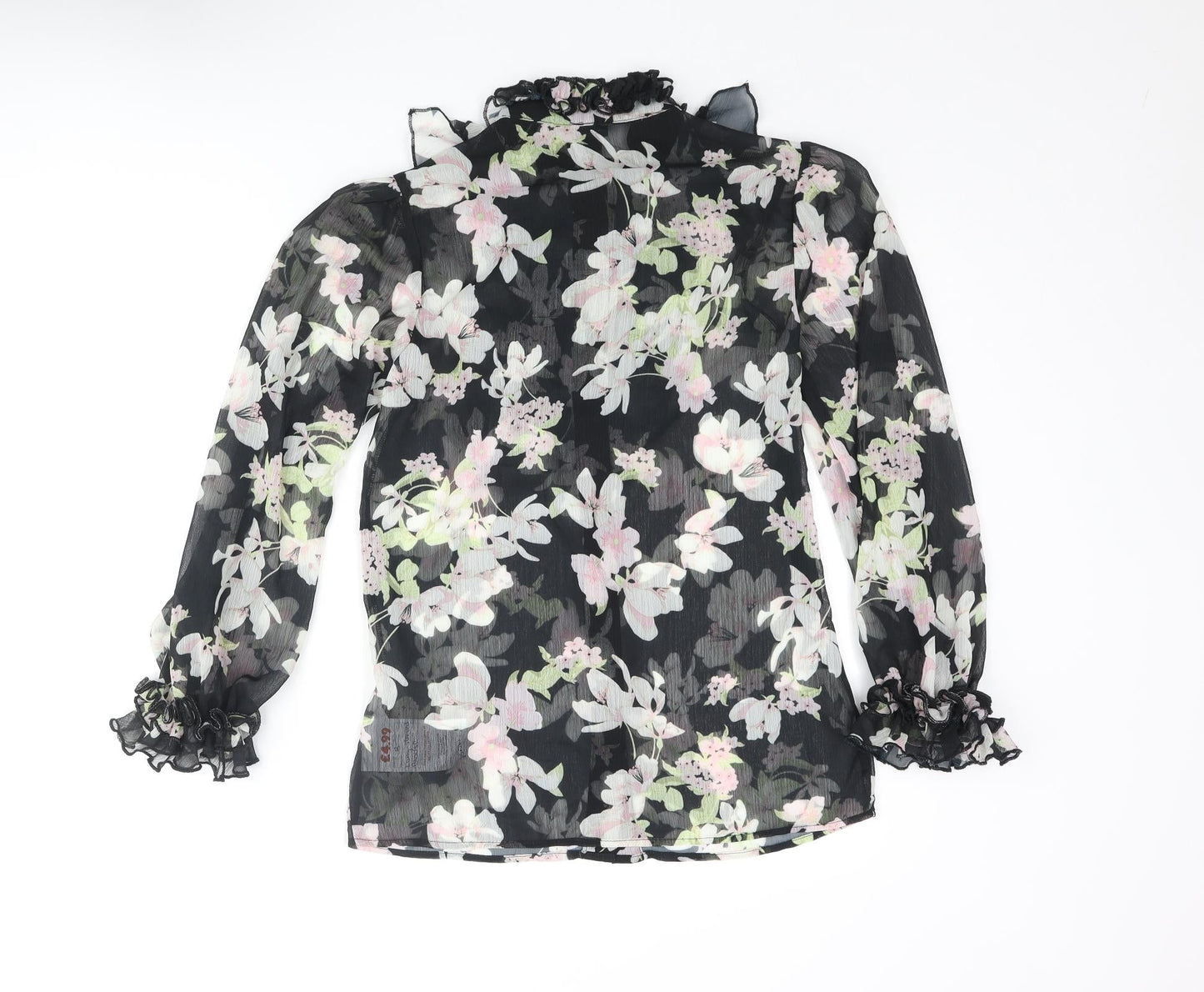 River Island Womens Black Floral Polyester Basic Blouse Size 8 Mock Neck - Frill Bow