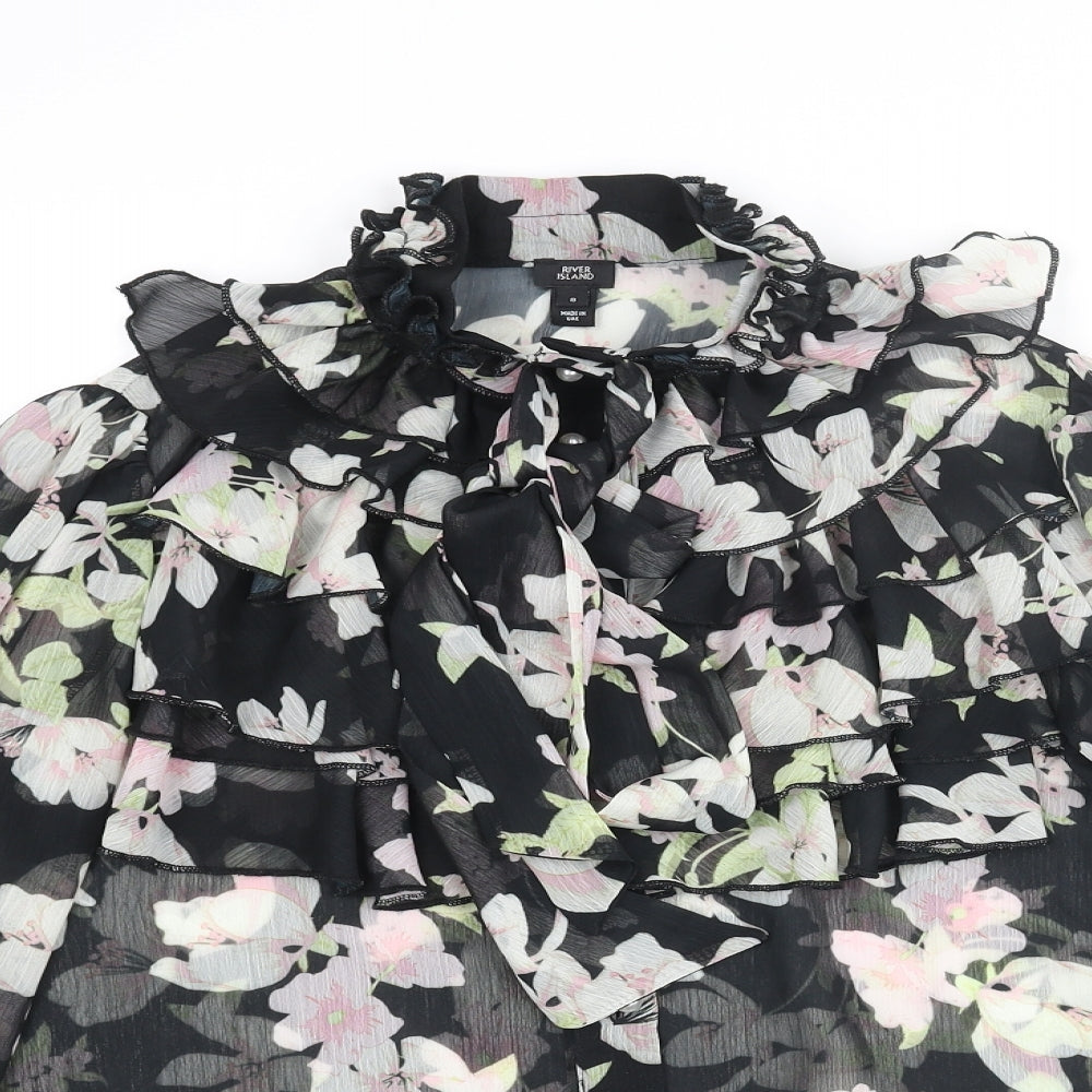 River Island Womens Black Floral Polyester Basic Blouse Size 8 Mock Neck - Frill Bow