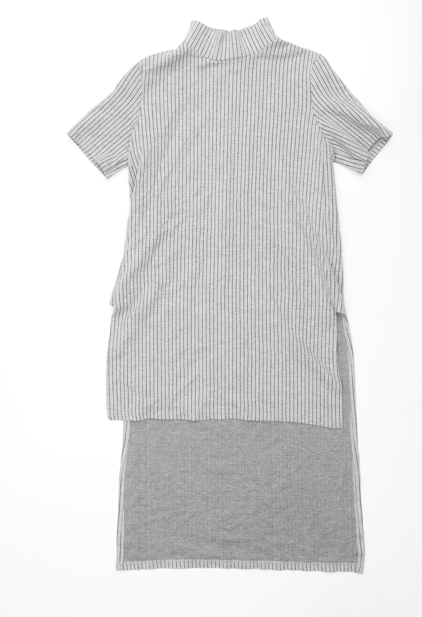 Zara Womens Grey Striped Polyester Tunic Blouse Size S Mock Neck - Hi-Low Hem Side Slits