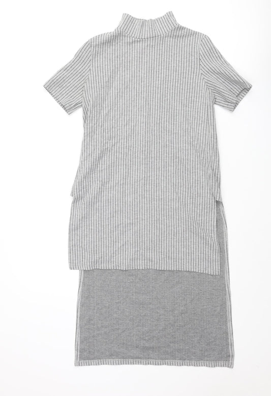 Zara Womens Grey Striped Polyester Tunic Blouse Size S Mock Neck - Hi-Low Hem Side Slits