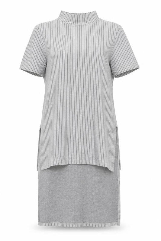 Zara Womens Grey Striped Polyester Tunic Blouse Size S Mock Neck - Hi-Low Hem Side Slits