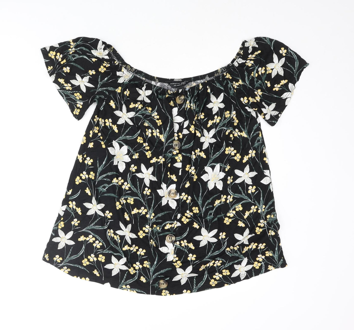 Dorothy Perkins Womens Black Floral Viscose Basic Blouse Size 12 Collared - Button Detail