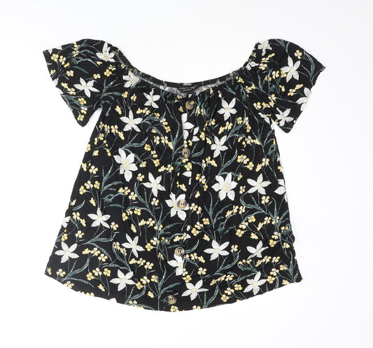 Dorothy Perkins Womens Black Floral Viscose Basic Blouse Size 12 Collared - Button Detail