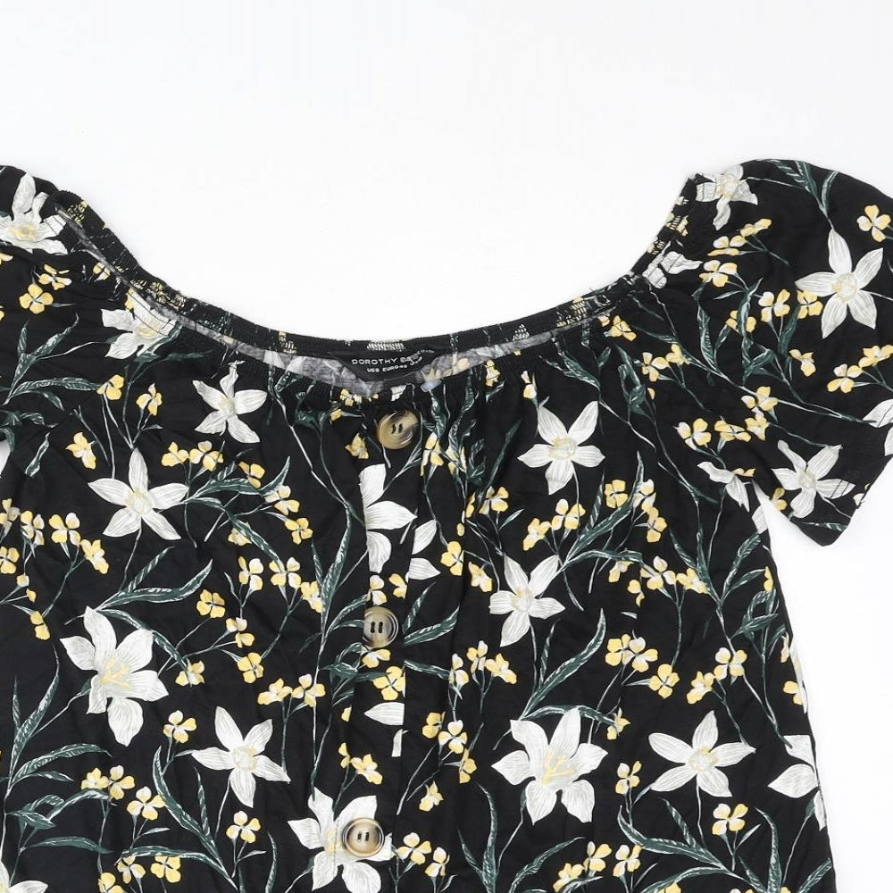 Dorothy Perkins Womens Black Floral Viscose Basic Blouse Size 12 Collared - Button Detail