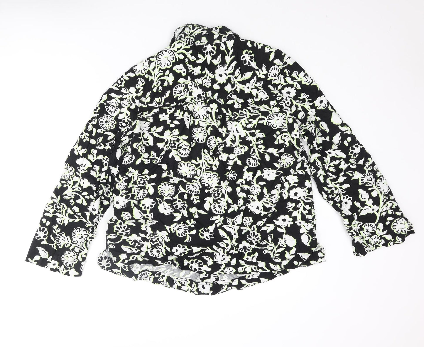 Marks and Spencer Womens Black Floral Viscose Basic Button-Up Size 14 Collared