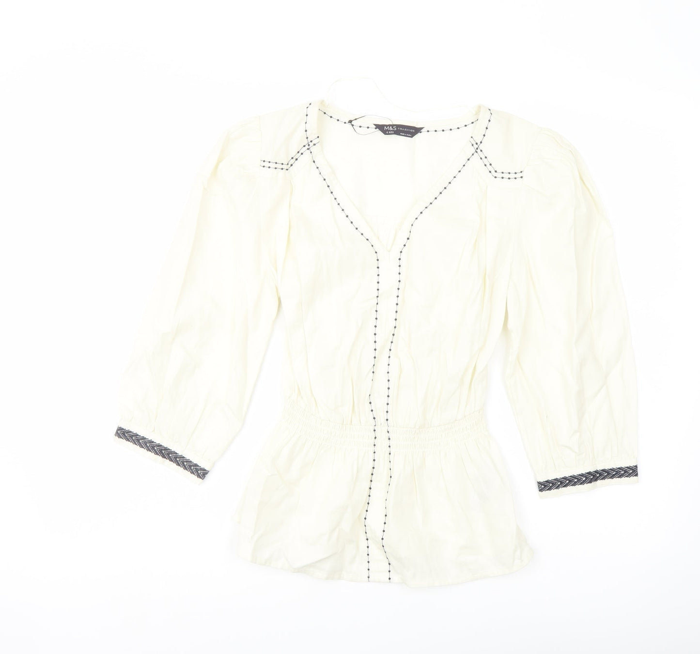 Marks and Spencer Womens Ivory Cotton Basic Blouse Size 6 V-Neck