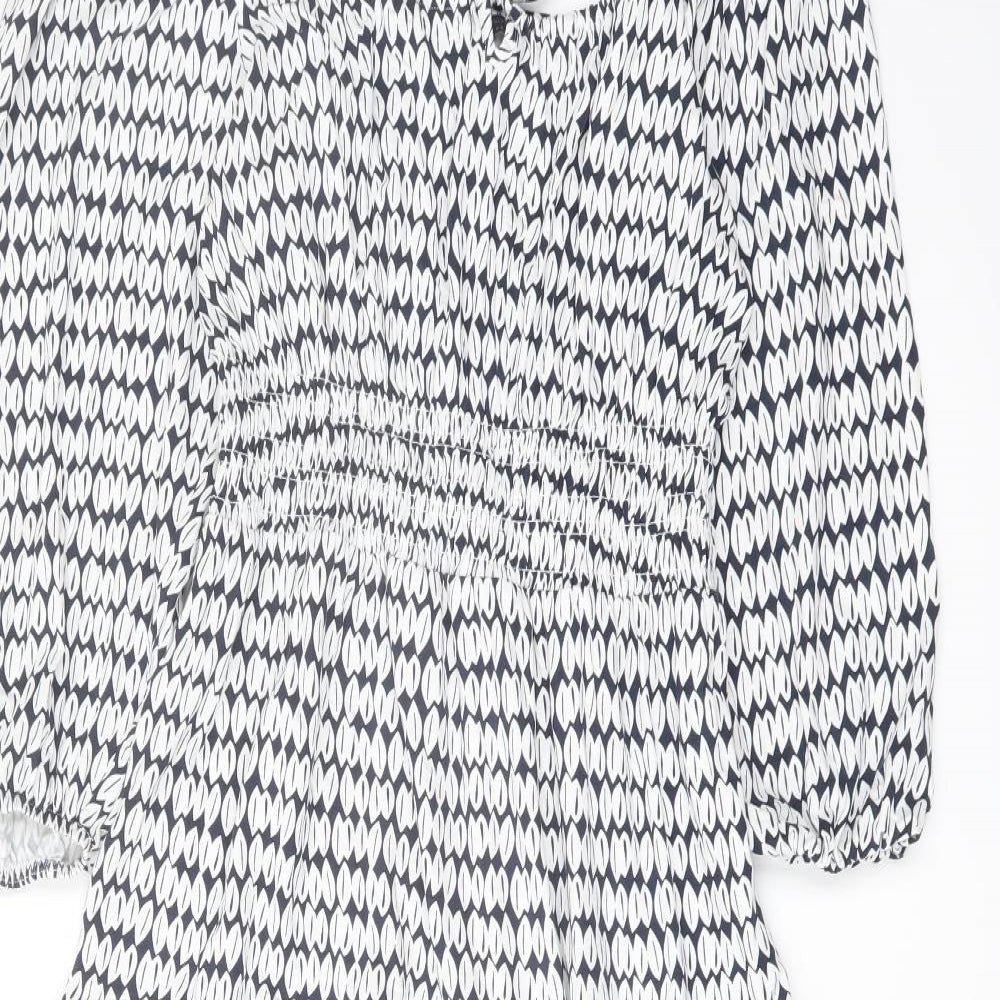 Marks and Spencer Womens Blue Geometric Viscose A-Line Size 8 Square Neck Pullover