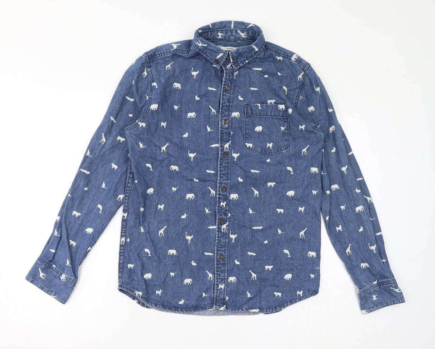 graniph Mens Blue Geometric Cotton Button-Up Size M Collared Button - Animals