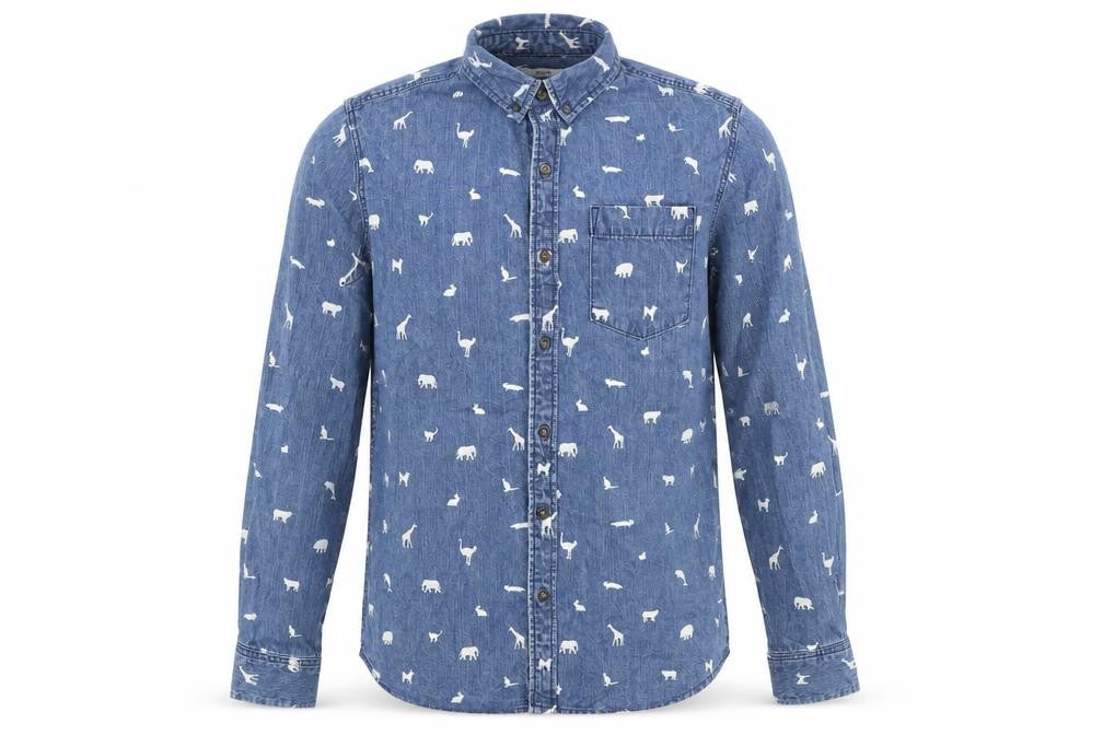 graniph Mens Blue Geometric Cotton Button-Up Size M Collared Button - Animals