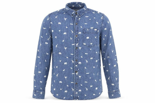 graniph Mens Blue Geometric Cotton Button-Up Size M Collared Button - Animals