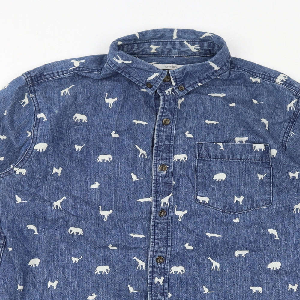 graniph Mens Blue Geometric Cotton Button-Up Size M Collared Button - Animals