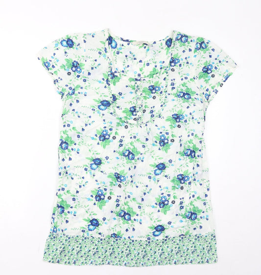 Debenhams Womens White Floral Cotton Basic T-Shirt Size 12 Round Neck - Sequins