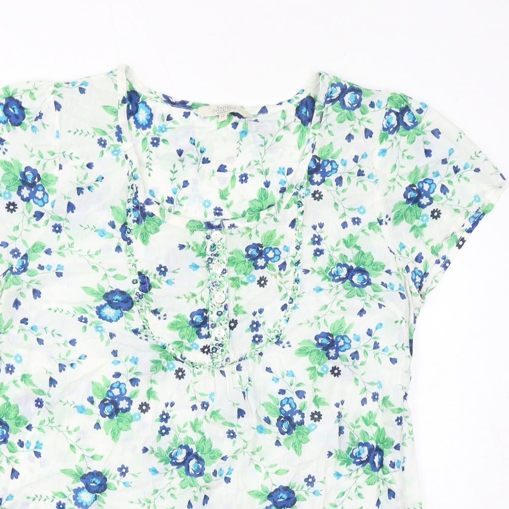 Debenhams Womens White Floral Cotton Basic T-Shirt Size 12 Round Neck - Sequins