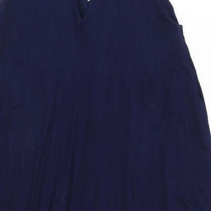 Close-up detail of Roman women’s blue viscose bodycon, size UK 12, v-neck pullover